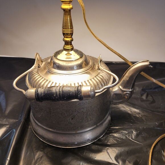 Vtg Nickel Plated Teapot Electric Lamp W/blue Checkered Shade - Picture 5 of 16